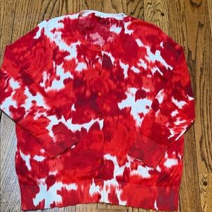 J Crew sz XL 100% Cotton red white cardi splatters tie dye abstract floral